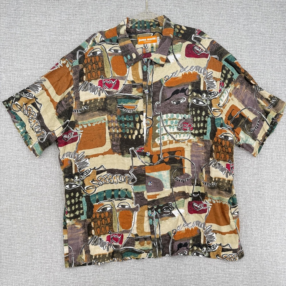 Jams World Shirt‎ Mens 2XL Brown Visage Honolulu Rayon Aloha Hawaiian Art Print